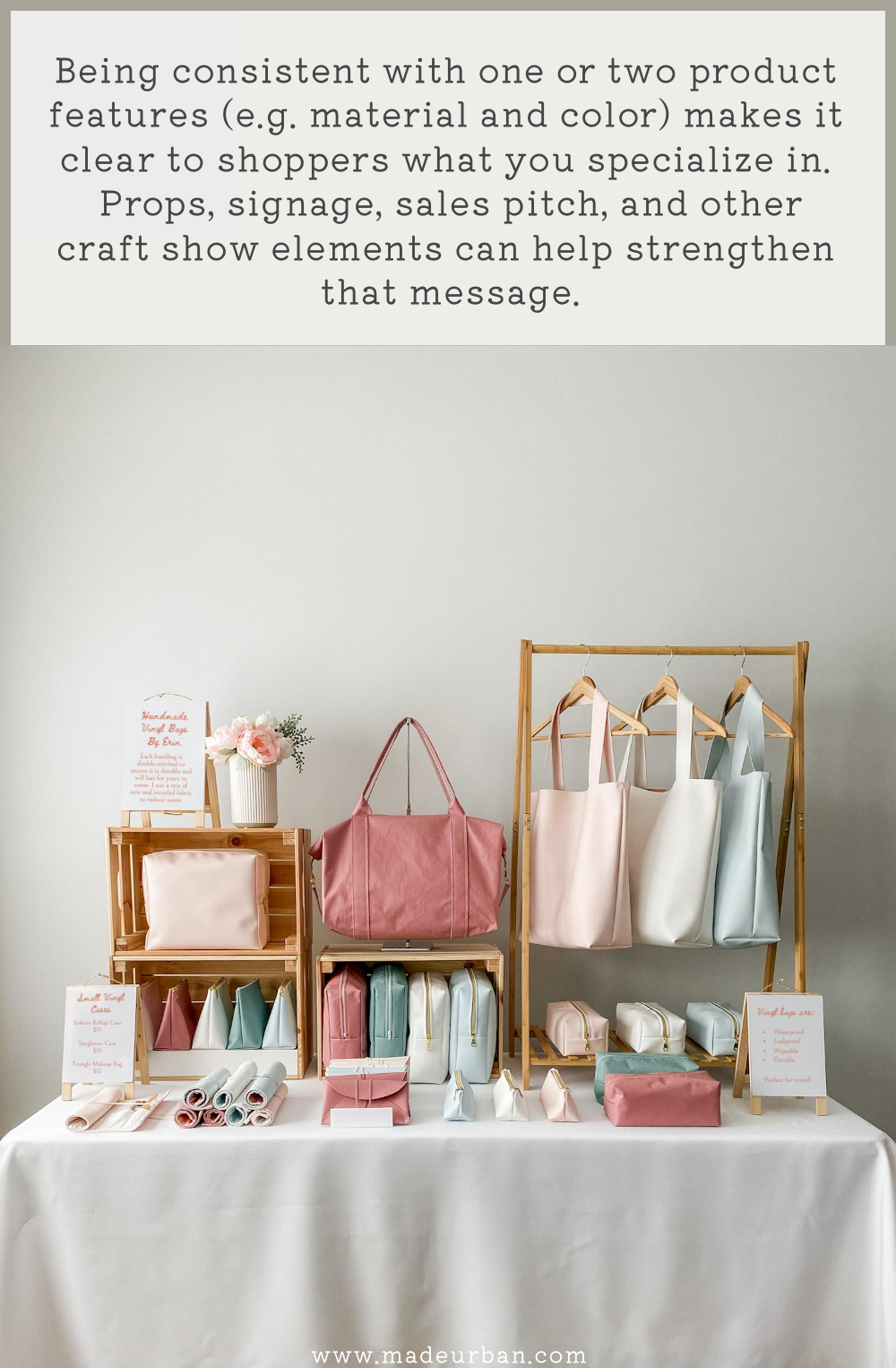 Feminine color palette of travel bags at a craft show