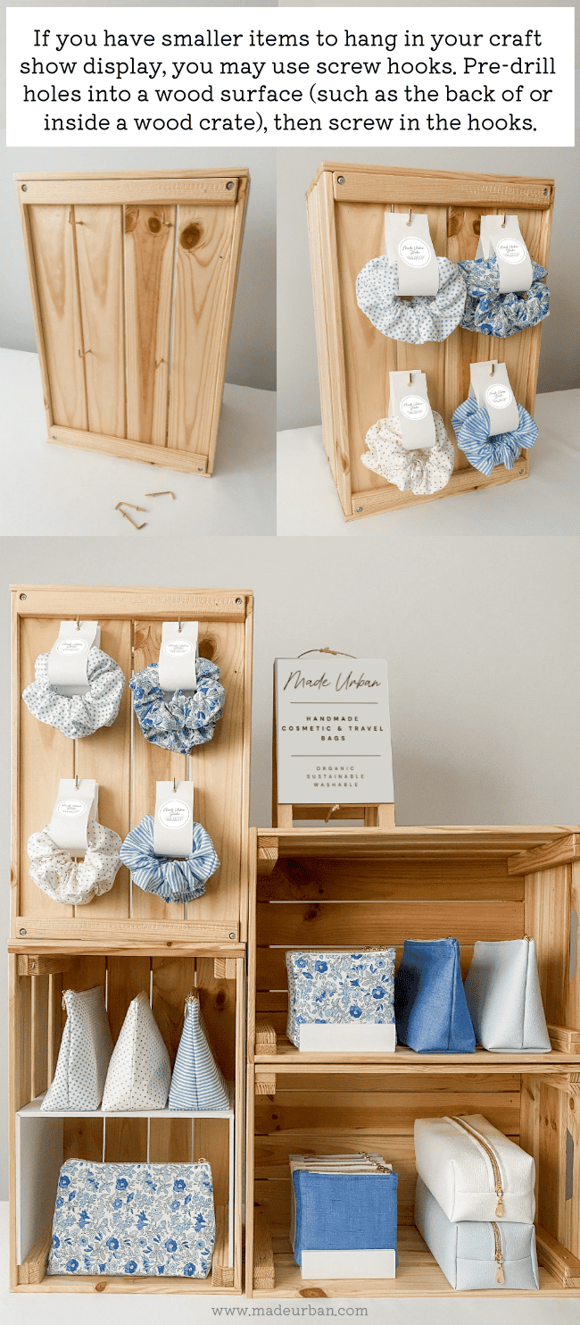 Screw hooks to add hanging space to a craft show display