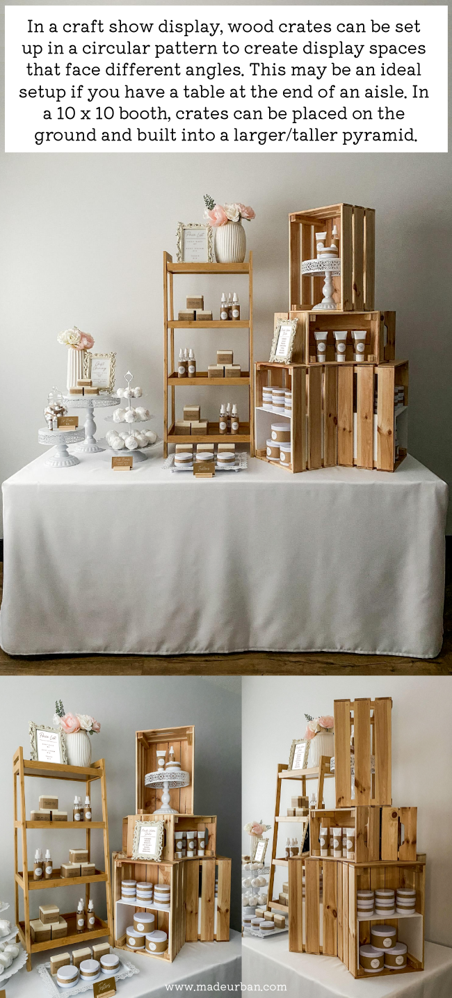 Wood crates set up in a circular pattern on a craft show table