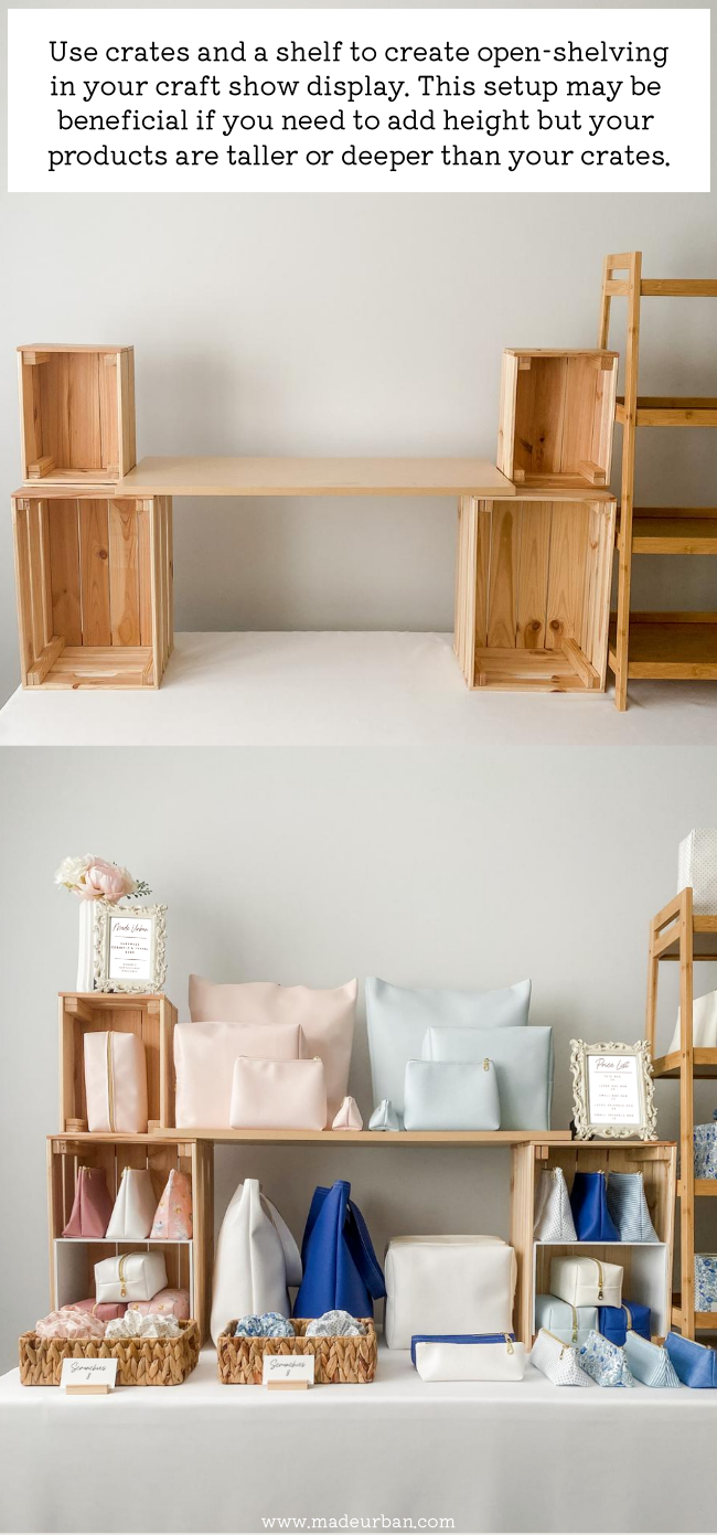 A shelf placed on top of crates in a craft show display